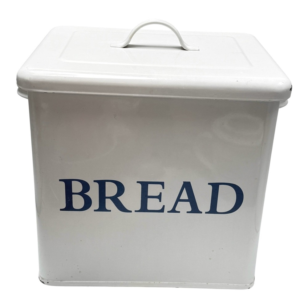 Bread Box‎ Metal Large White Blue Retro Vintage Enamelware Farm Kitchen Storage